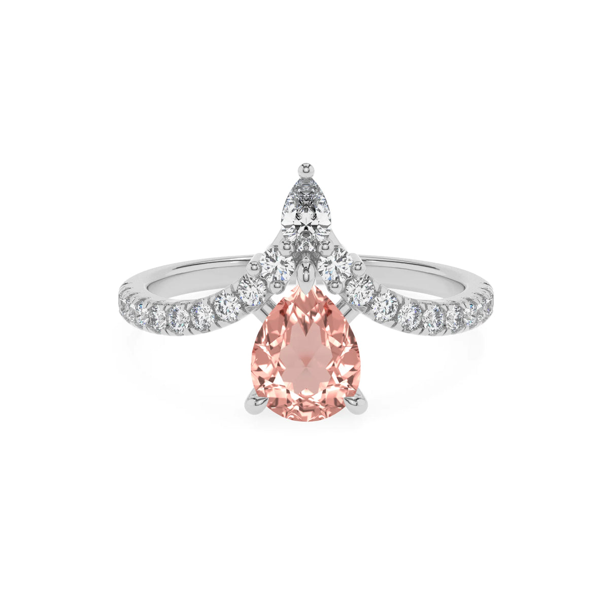 lab grown morganite pear solitaire rings in white gold 