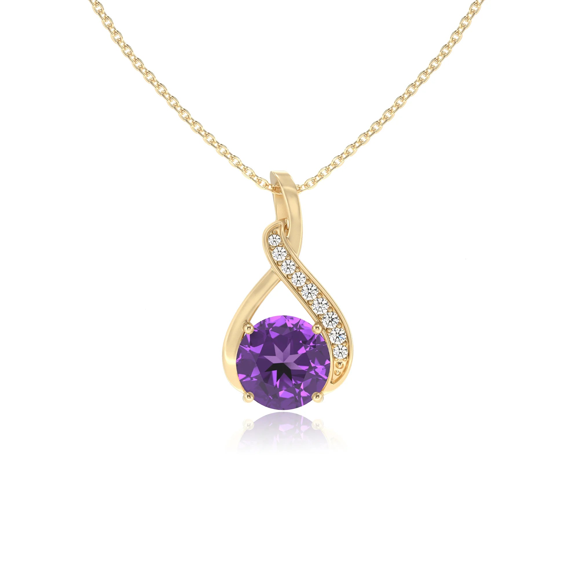 lab grown amethyst round solitaire necklaces in yellow gold 