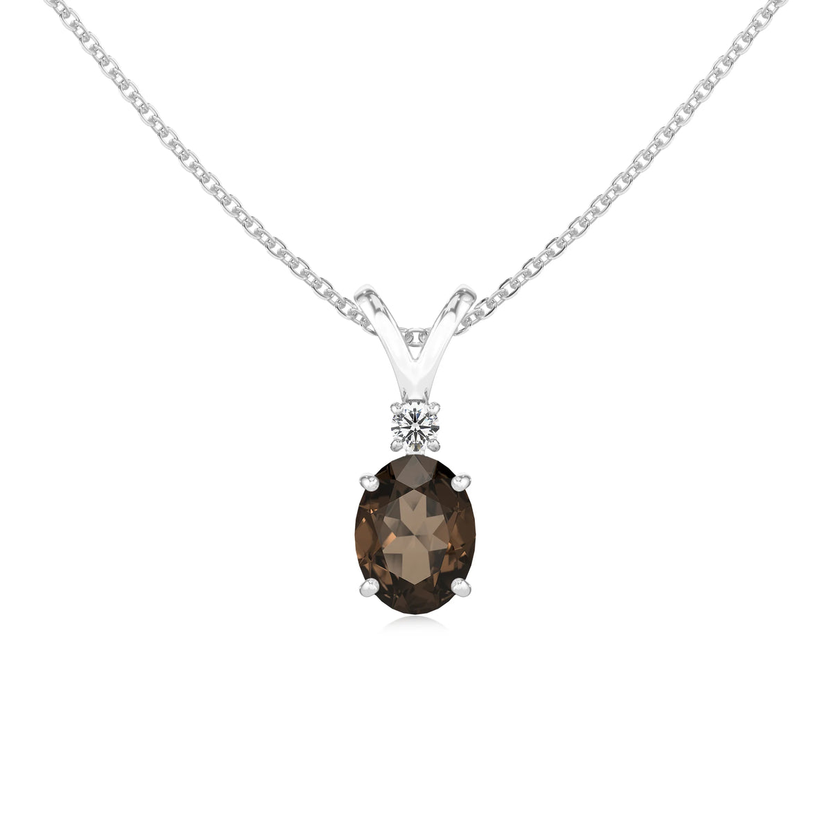 natural smoky-quartz oval solitaire v-bale necklaces in platinum 