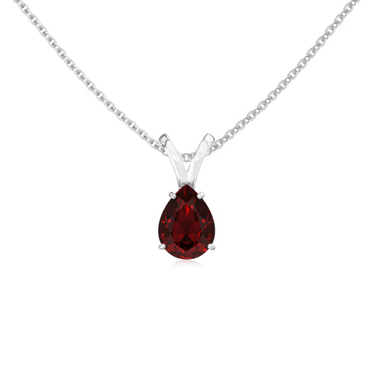 natural garnet pear solitaire v-bale necklaces in platinum 