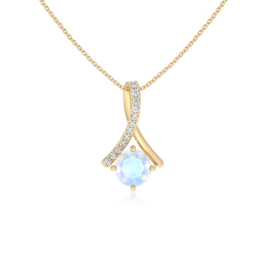natural rainbow-moonstone round solitaire necklaces in yellow gold 
