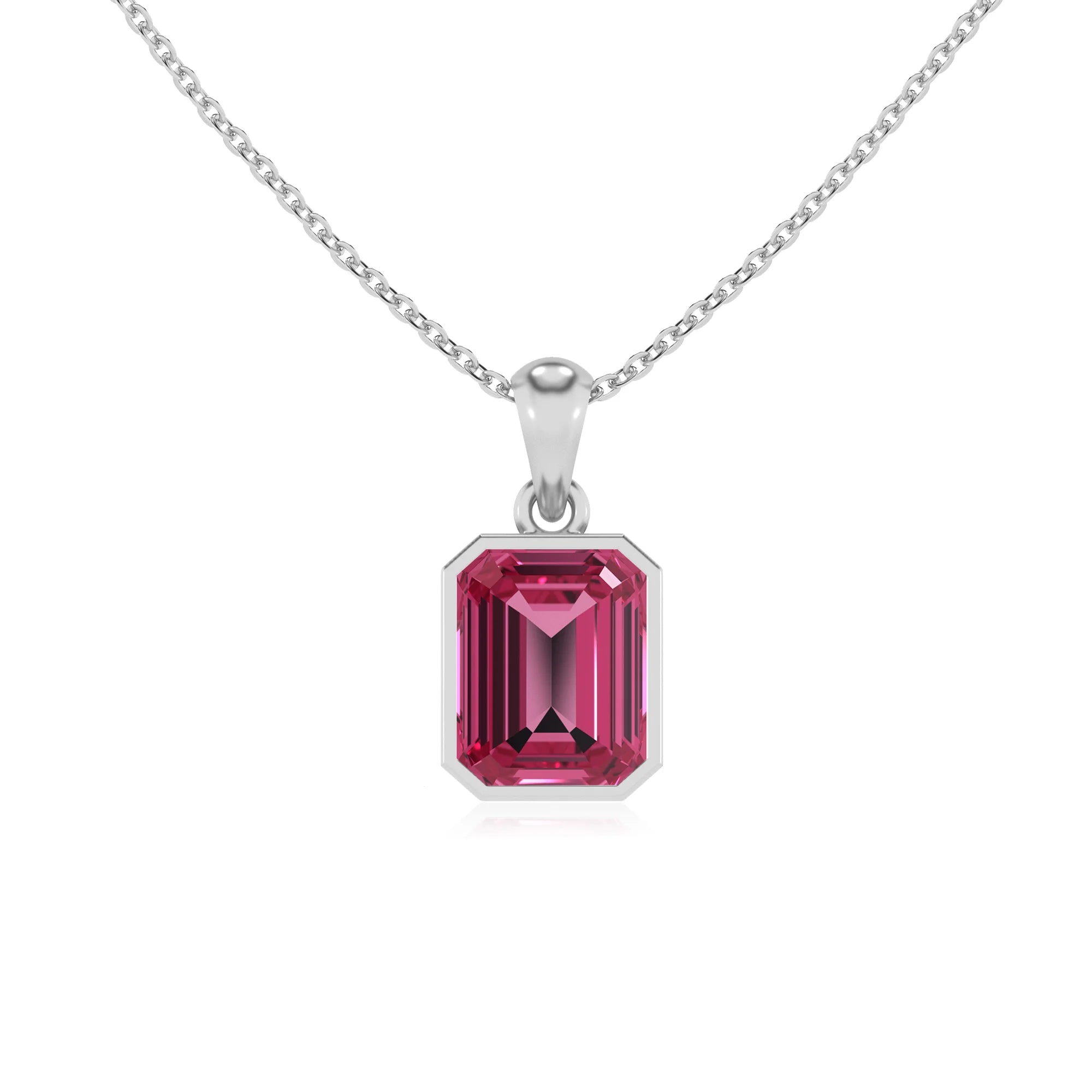 lab grown pink-tourmaline emerald cut solitaire necklaces in sterling silver 