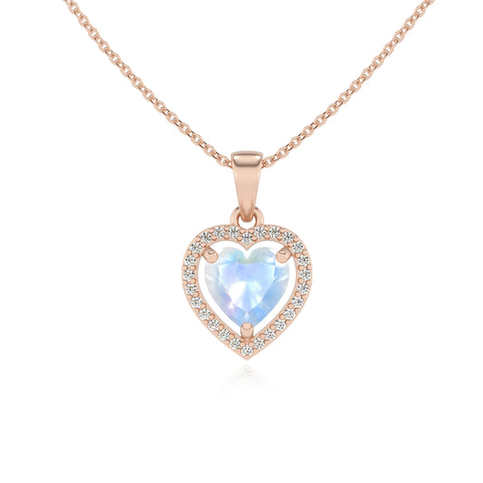 natural rainbow-moonstone heart solitaire necklaces in rose gold 