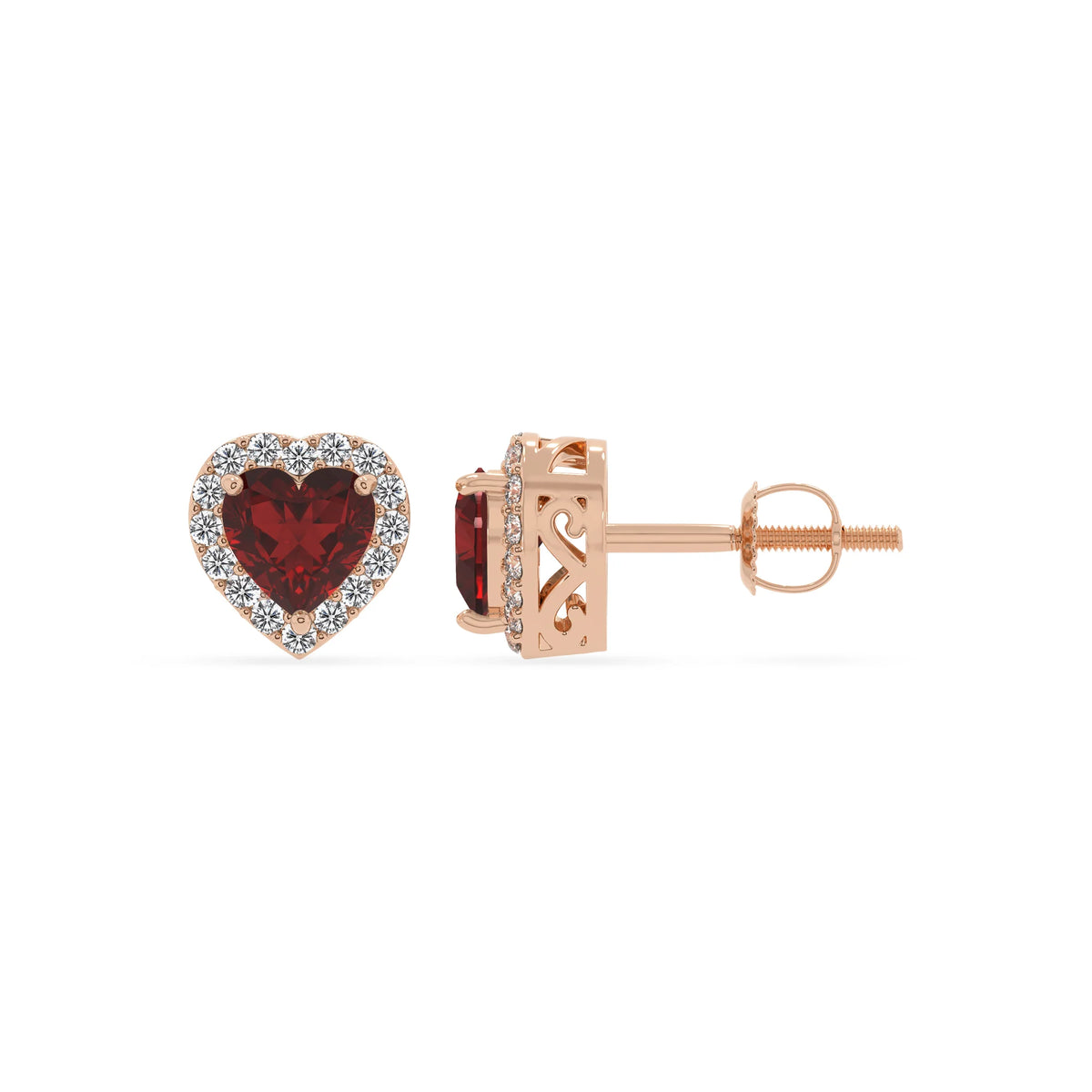 natural garnet heart stud earrings in rose gold 