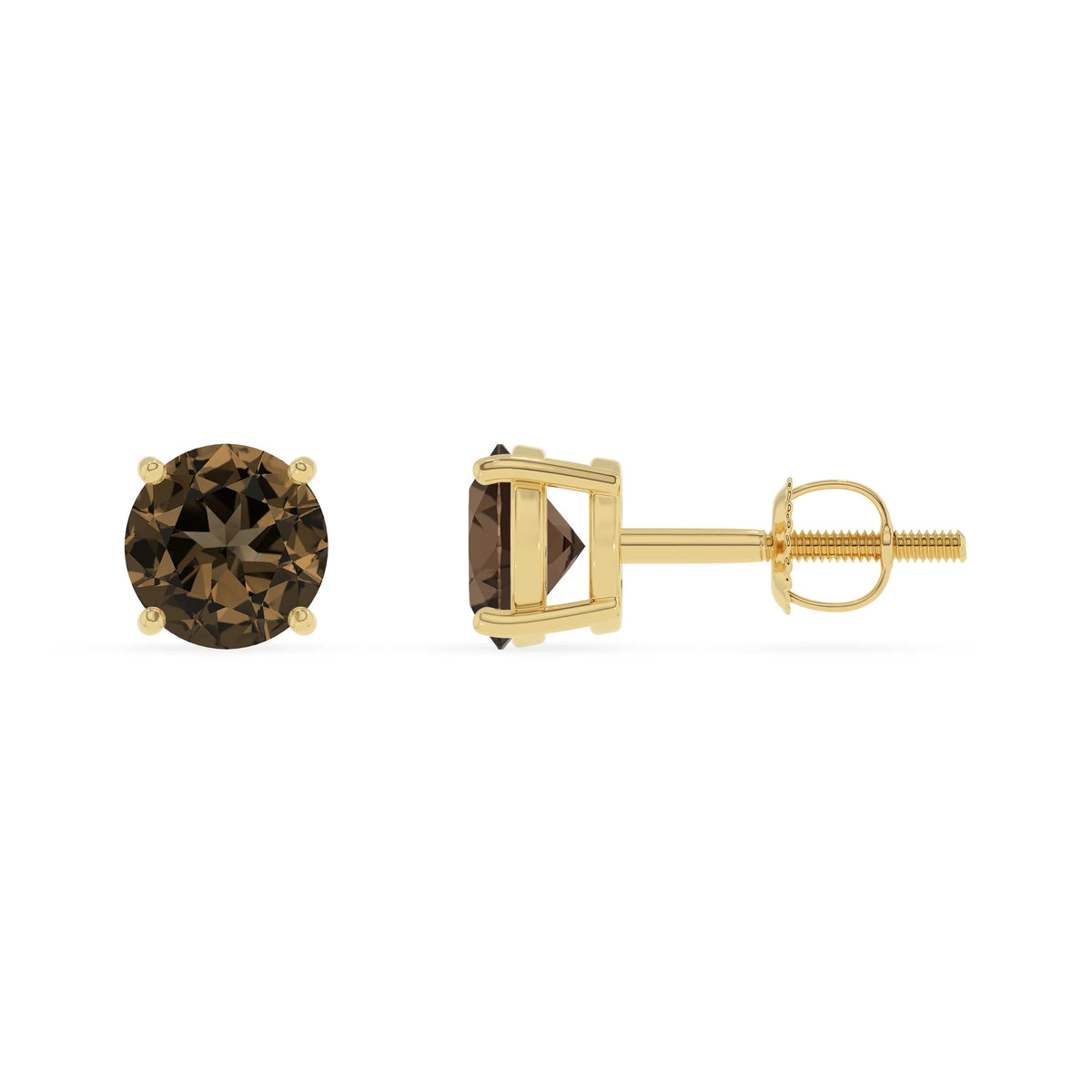 natural smoky quartz round stud earrings in yellow gold 