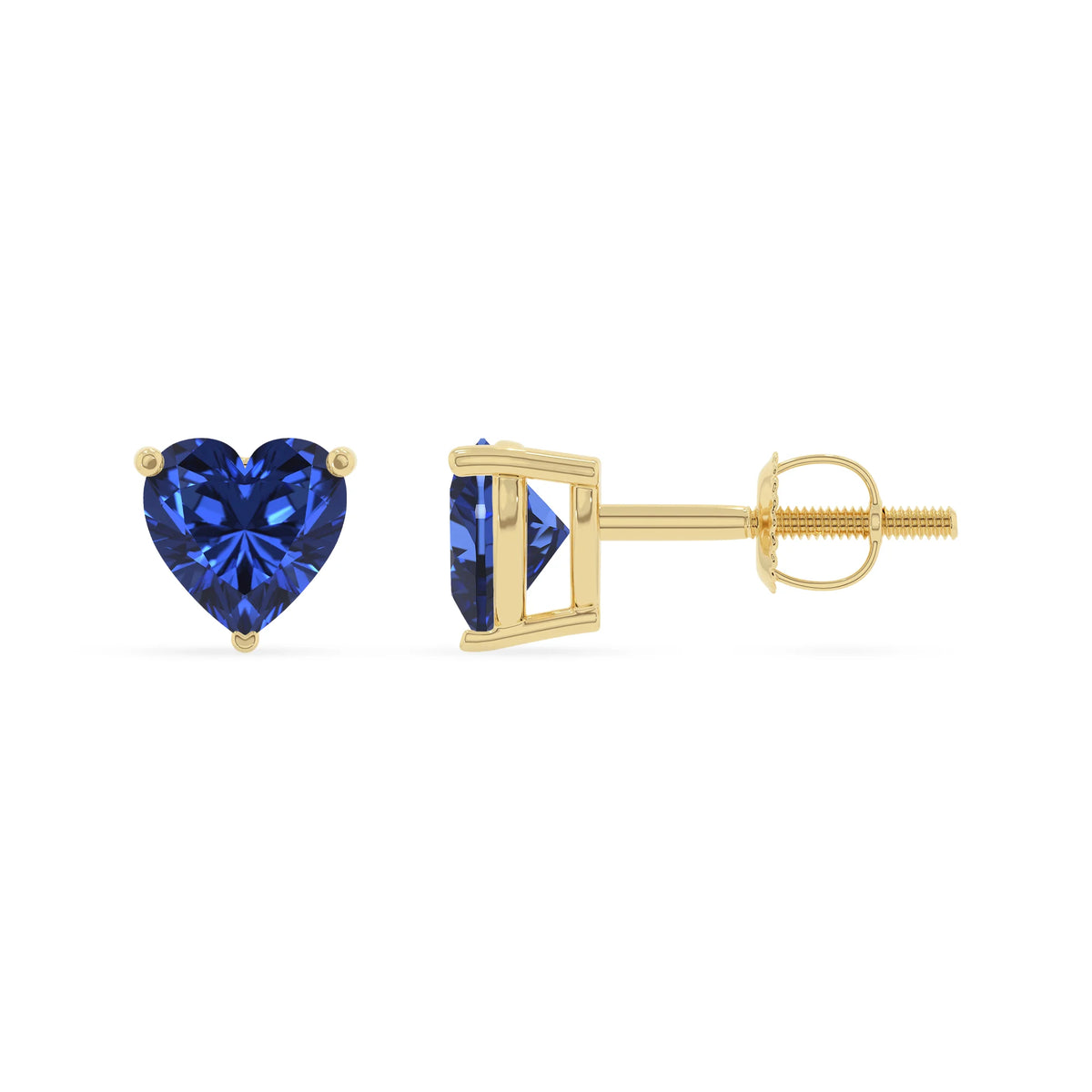lab grown blue sapphire heart stud earrings in yellow gold 