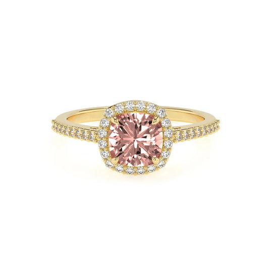 lab grown morganite cushion solitaire rings in yellow gold 