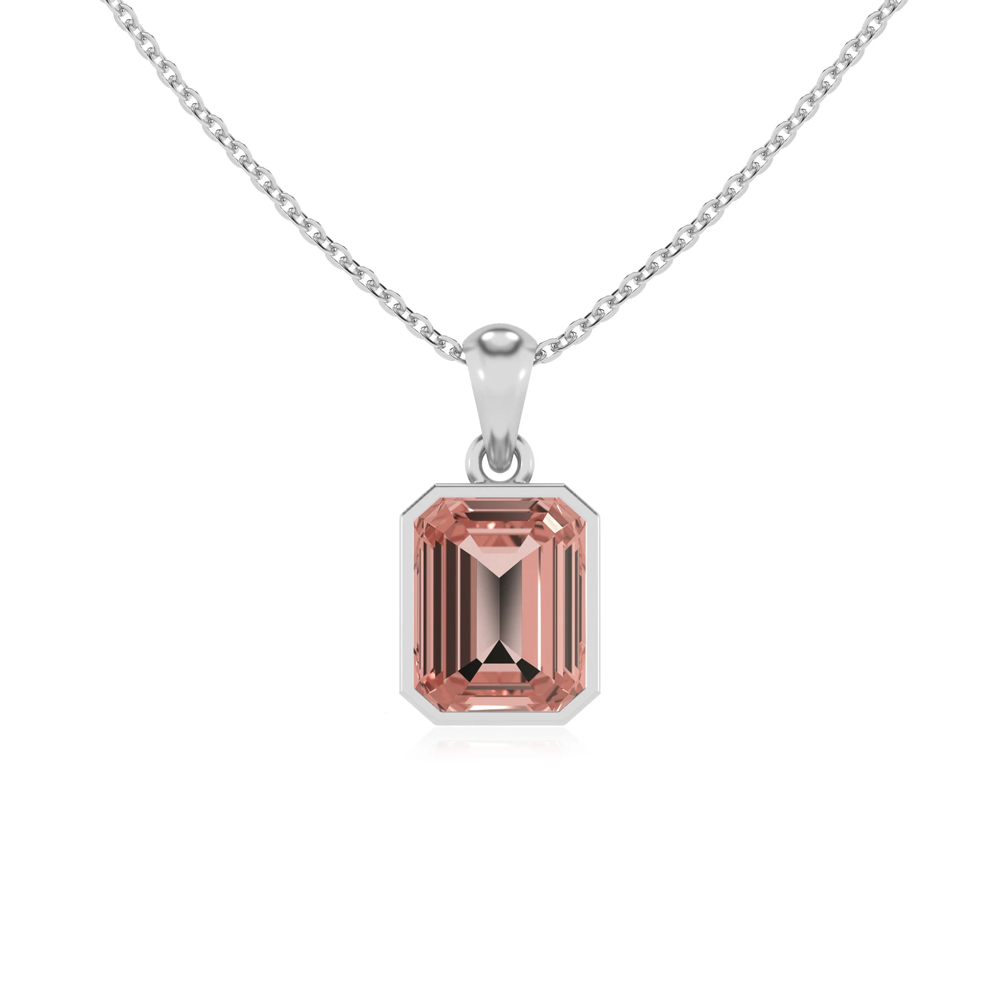 lab grown morganite emerald cut solitaire necklaces in white gold 