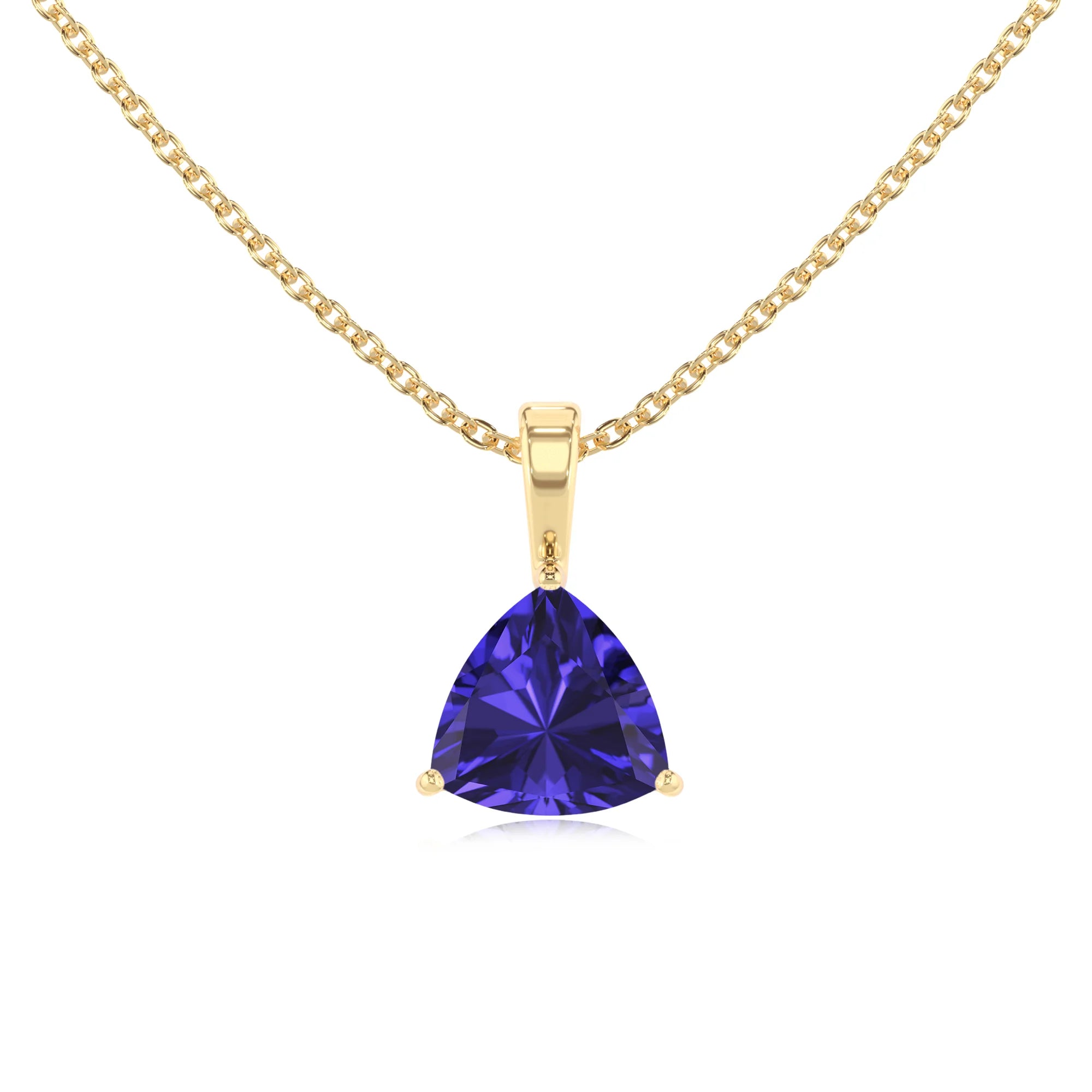 lab grown tanzanite trillion solitaire necklaces in yellow gold 