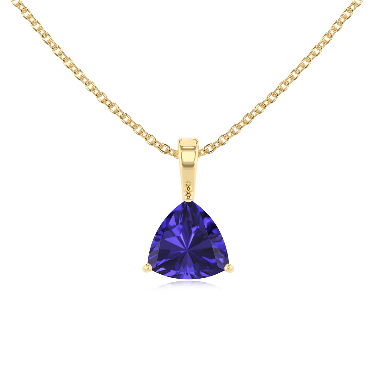 lab grown tanzanite trillion solitaire necklaces in yellow gold 