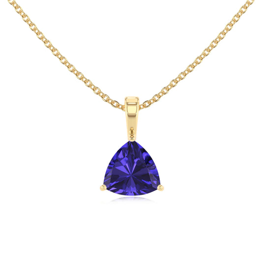 lab grown tanzanite trillion solitaire necklaces in yellow gold 