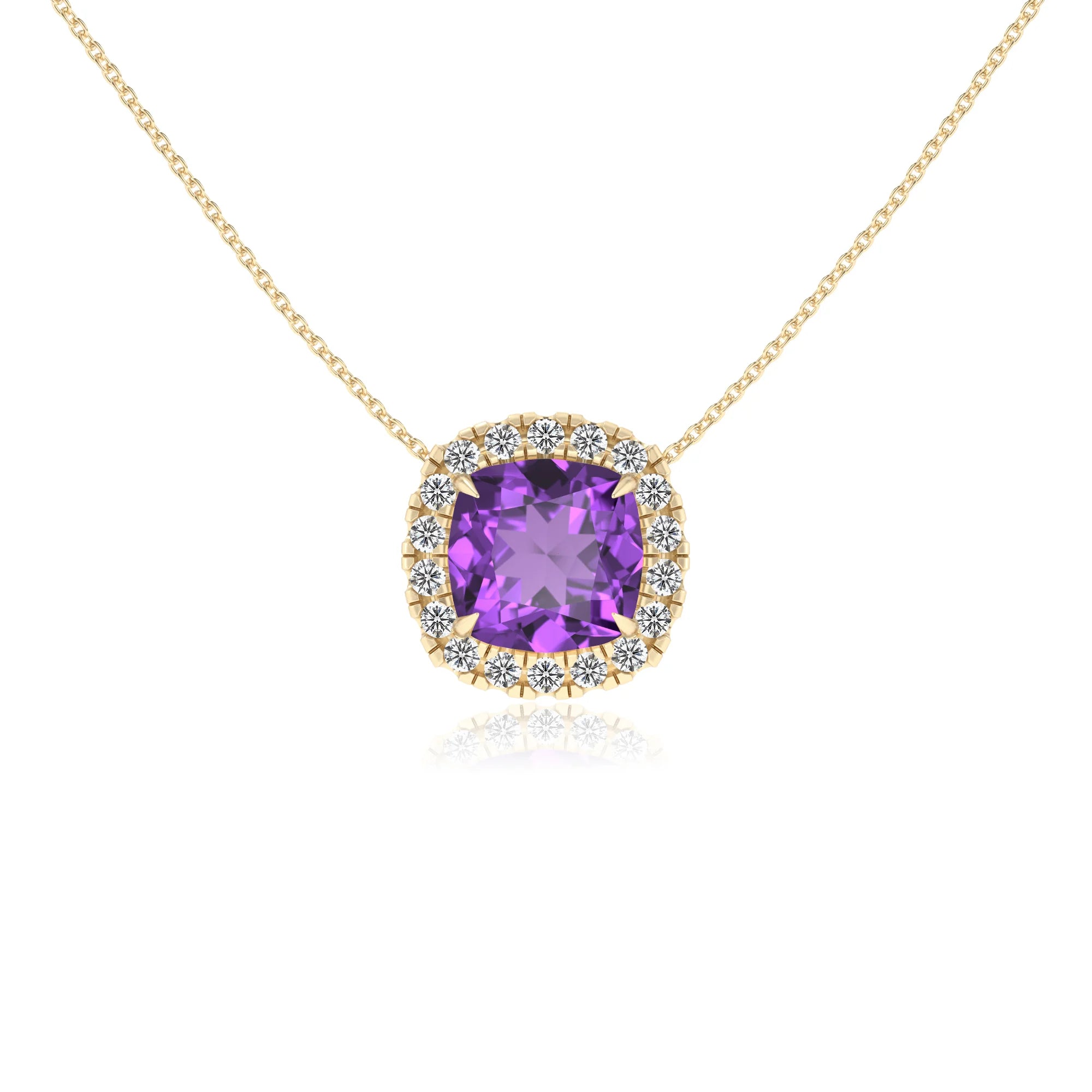 lab grown amethyst cushion solitaire necklaces in yellow gold 