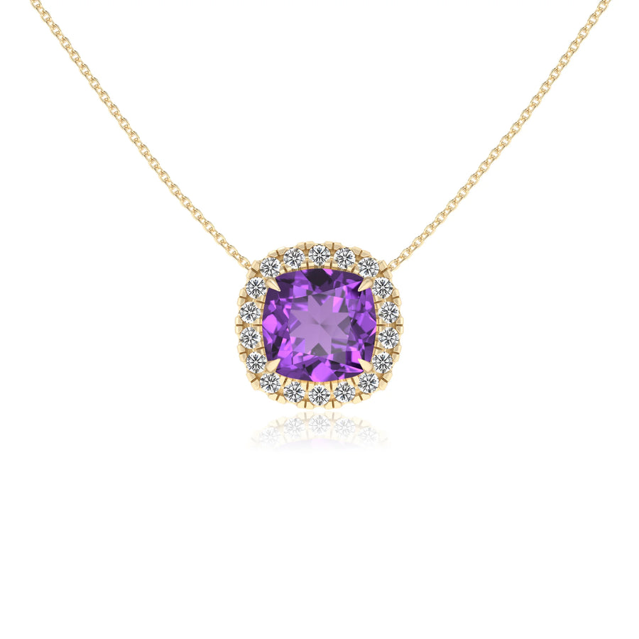 lab grown amethyst cushion solitaire necklaces in yellow gold 