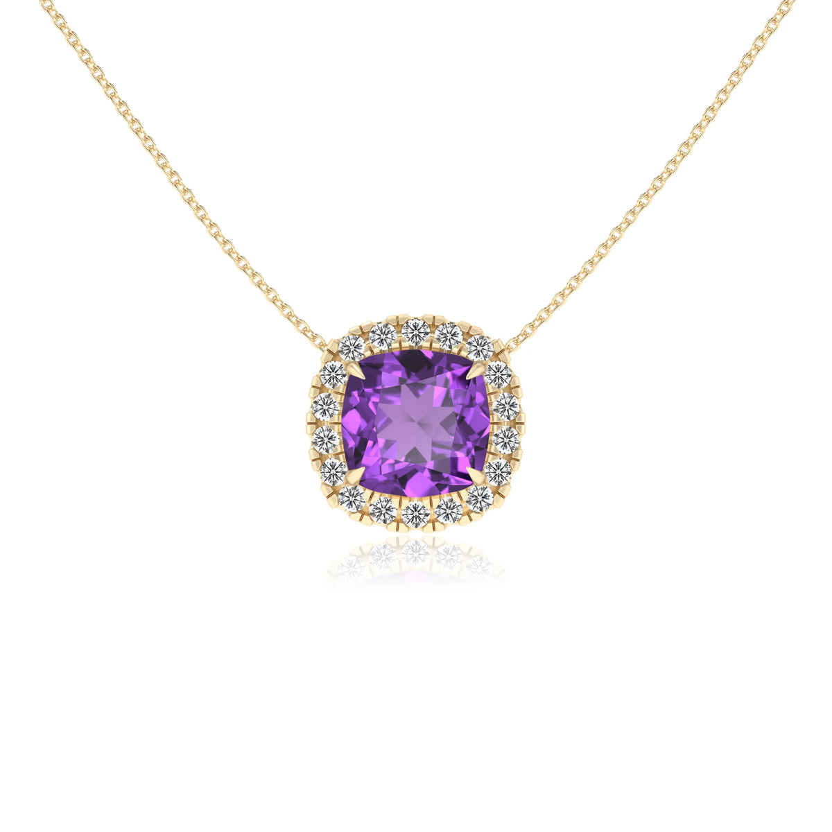 lab grown amethyst cushion solitaire necklaces in yellow gold 