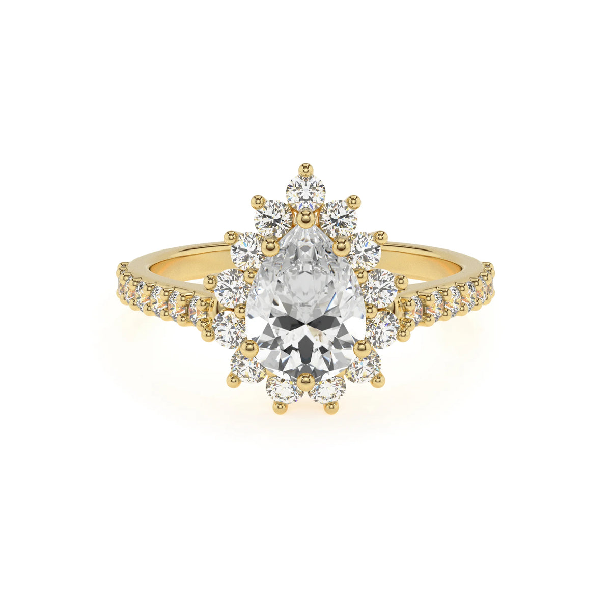 lab grown moissanite pear solitaire rings in yellow gold 