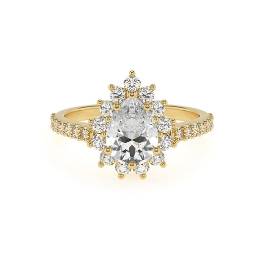 lab grown moissanite pear solitaire rings in yellow gold 