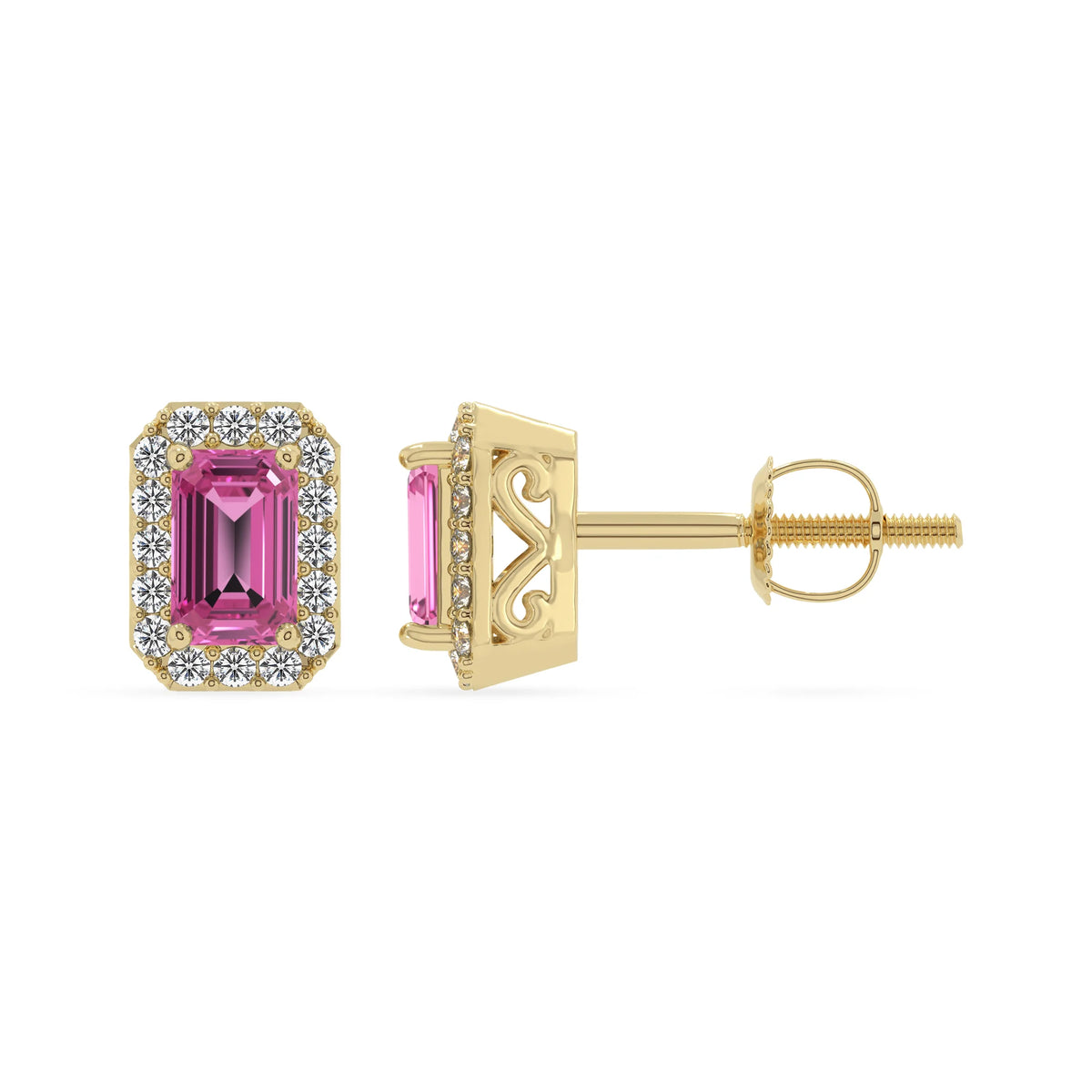lab grown pink sapphire emerald cut stud earrings in yellow gold 