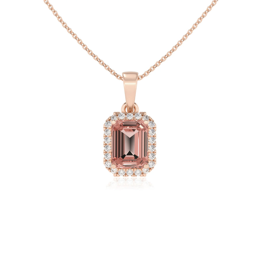 lab grown morganite emerald cut solitaire necklaces in rose gold 