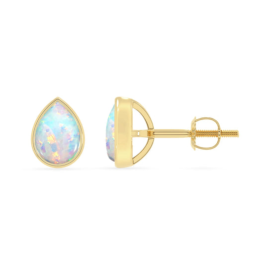 lab grown opal pear stud earrings in yellow gold 