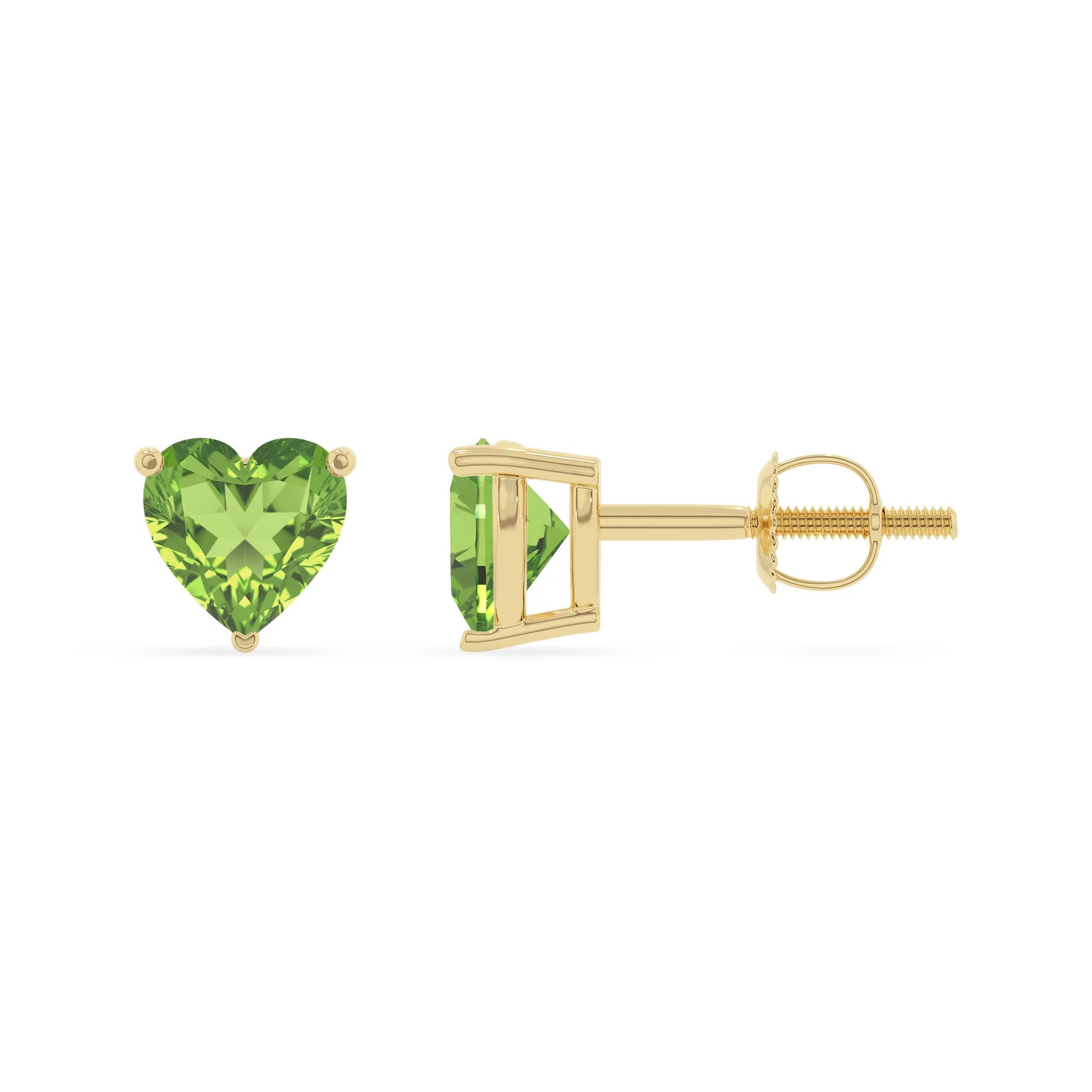 natural peridot heart stud earrings in yellow gold 