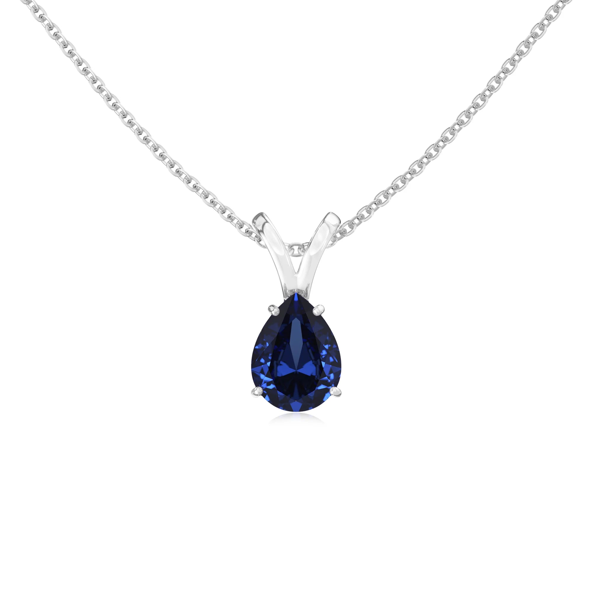 lab grown blue-sapphire pear solitaire v-bale necklaces in sterling silver 