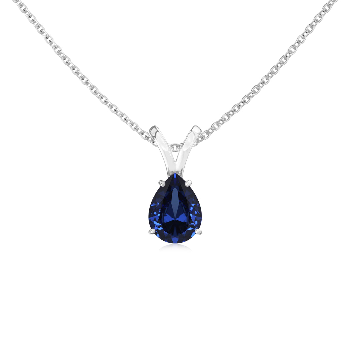 lab grown blue-sapphire pear solitaire v-bale necklaces in sterling silver 