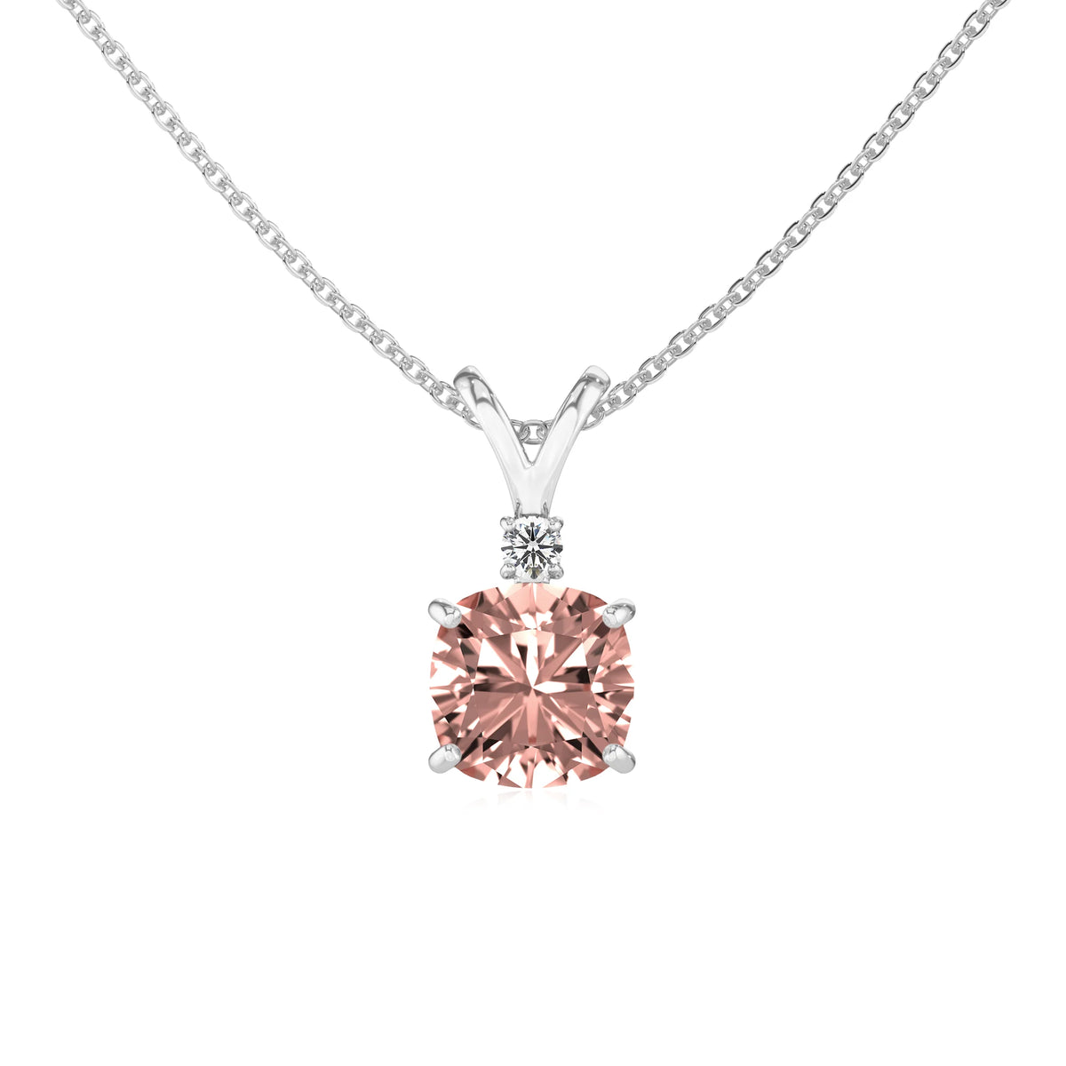 lab grown morganite cushion solitaire v-bale necklaces in platinum 