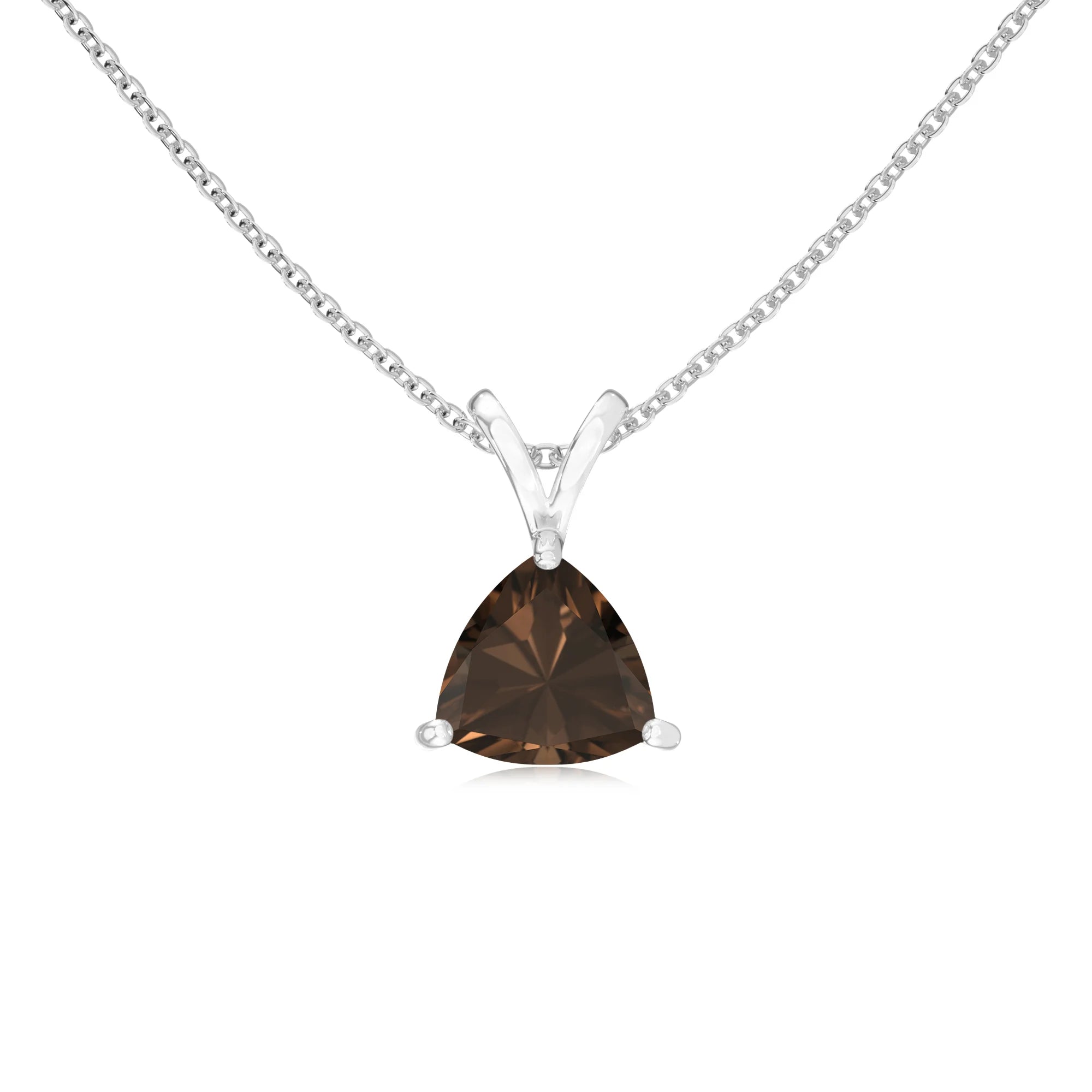 natural smoky-quartz trillion solitaire v-bale necklaces in platinum 