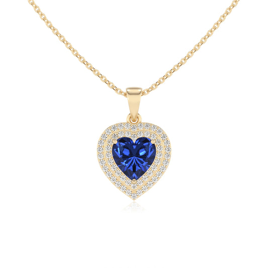 lab grown blue sapphire heart halo necklaces in yellow gold 