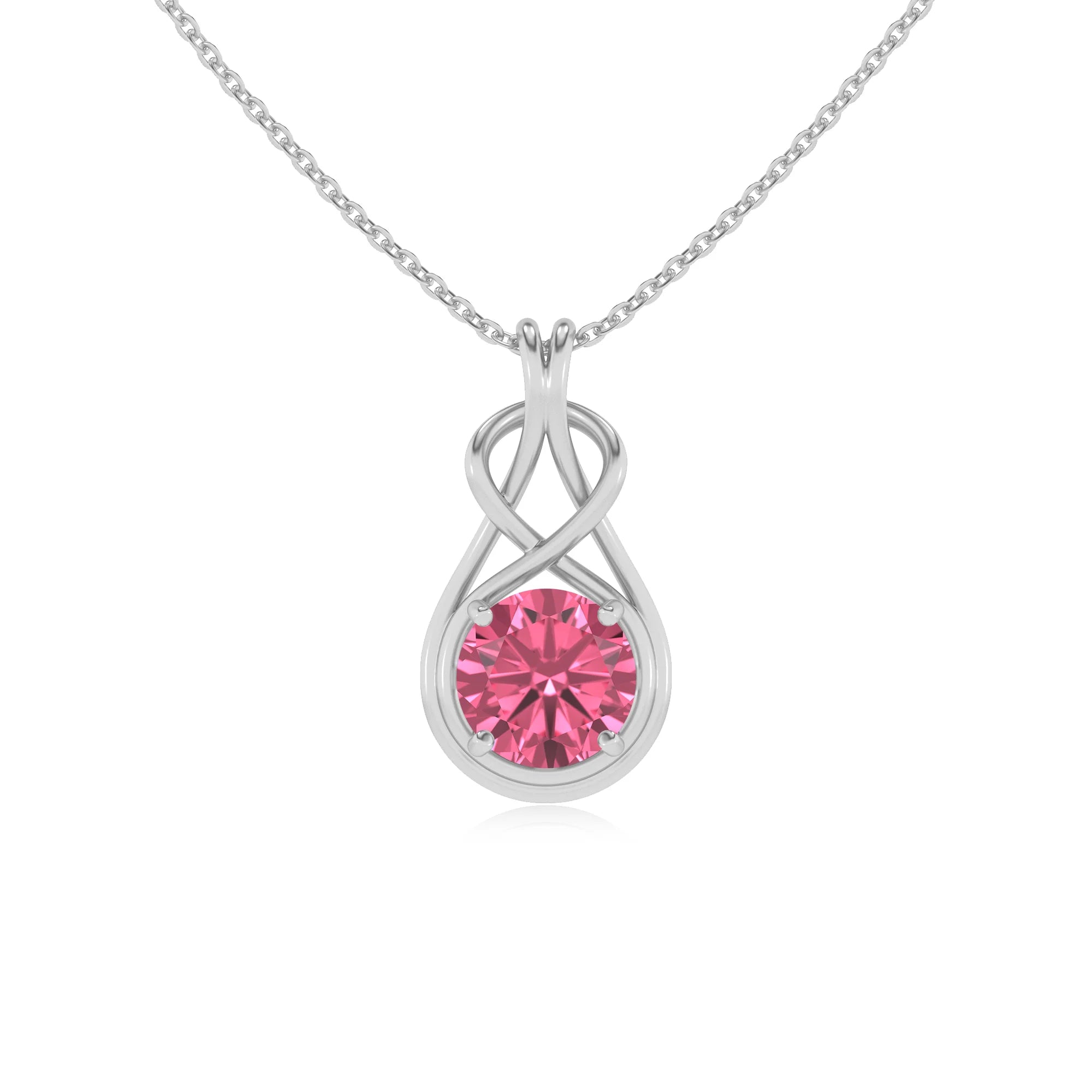 lab grown pink-tourmaline round solitaire necklaces in white gold 