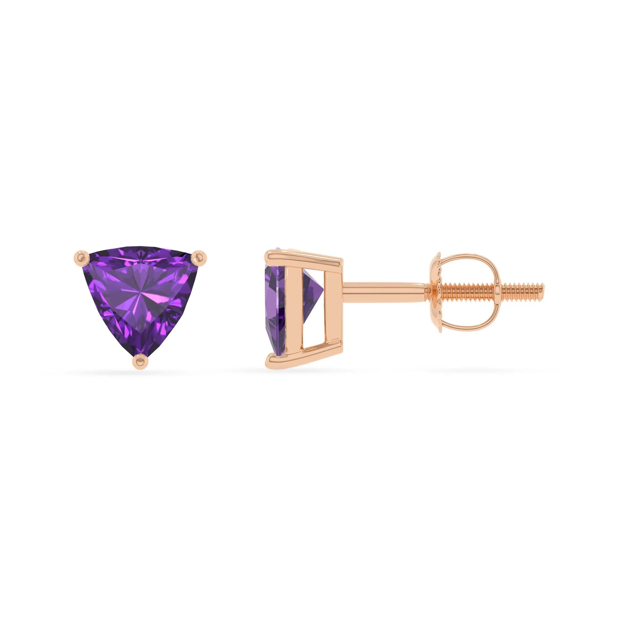 lab grown amethyst trillion stud earrings in rose gold 