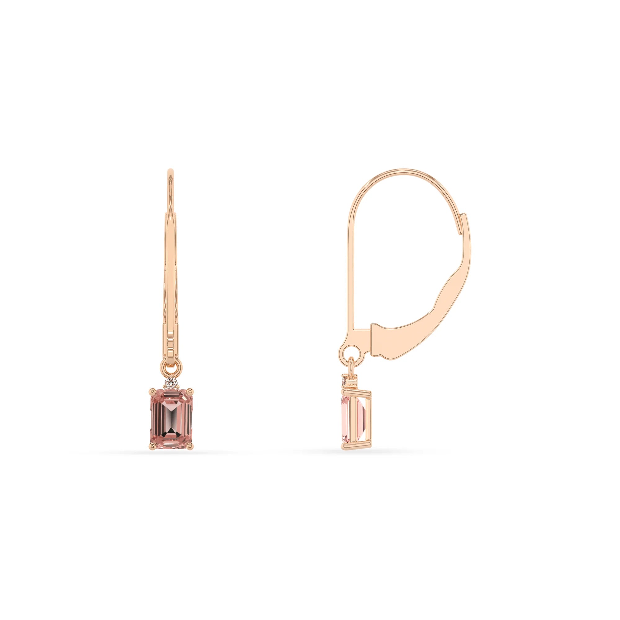 lab grown morganite emerald cut drop earrings in rose gold 