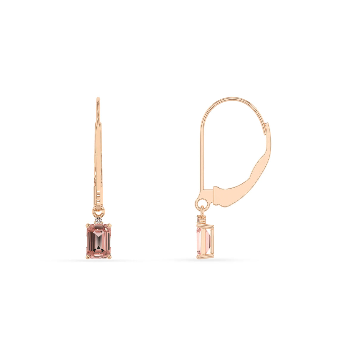 lab grown morganite emerald cut drop earrings in rose gold 