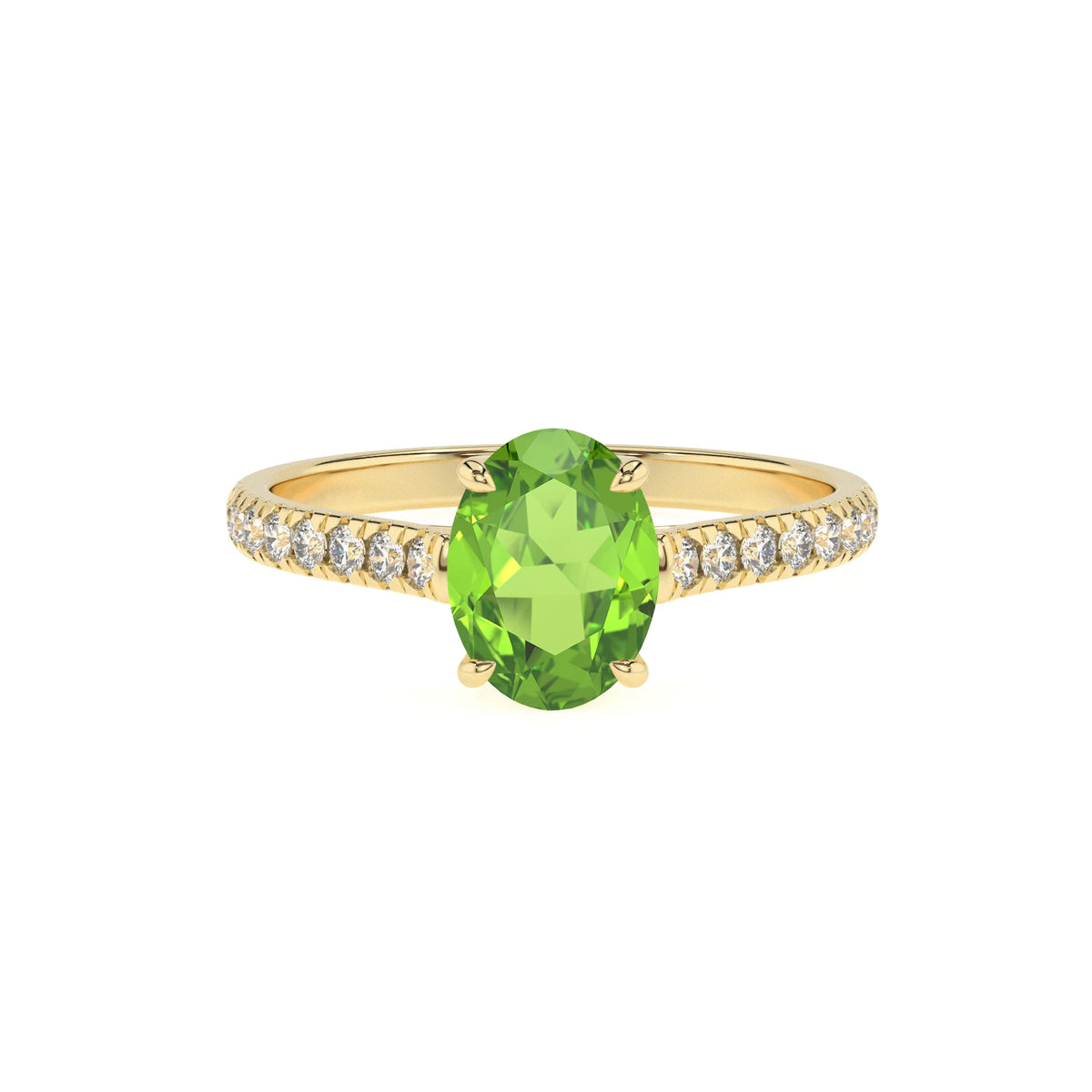 natural peridot oval half eternity solitaire engagement rings in yellow gold 