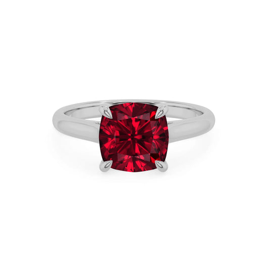 lab grown ruby cushion solitaire rings in white gold 