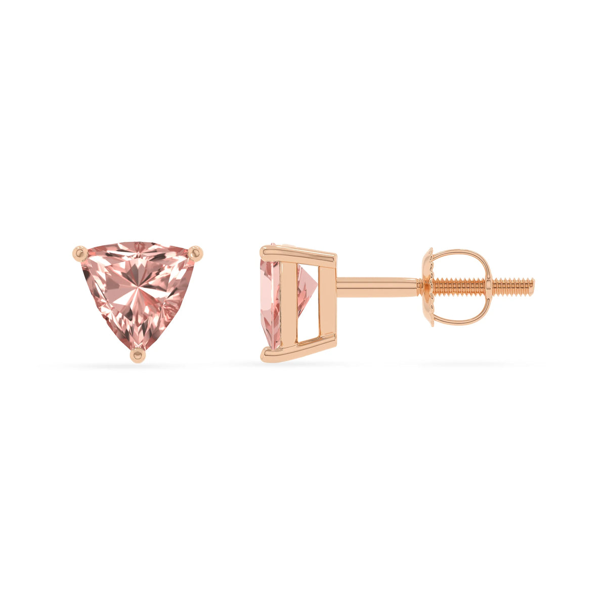 lab grown morganite trillion stud earrings in rose gold 