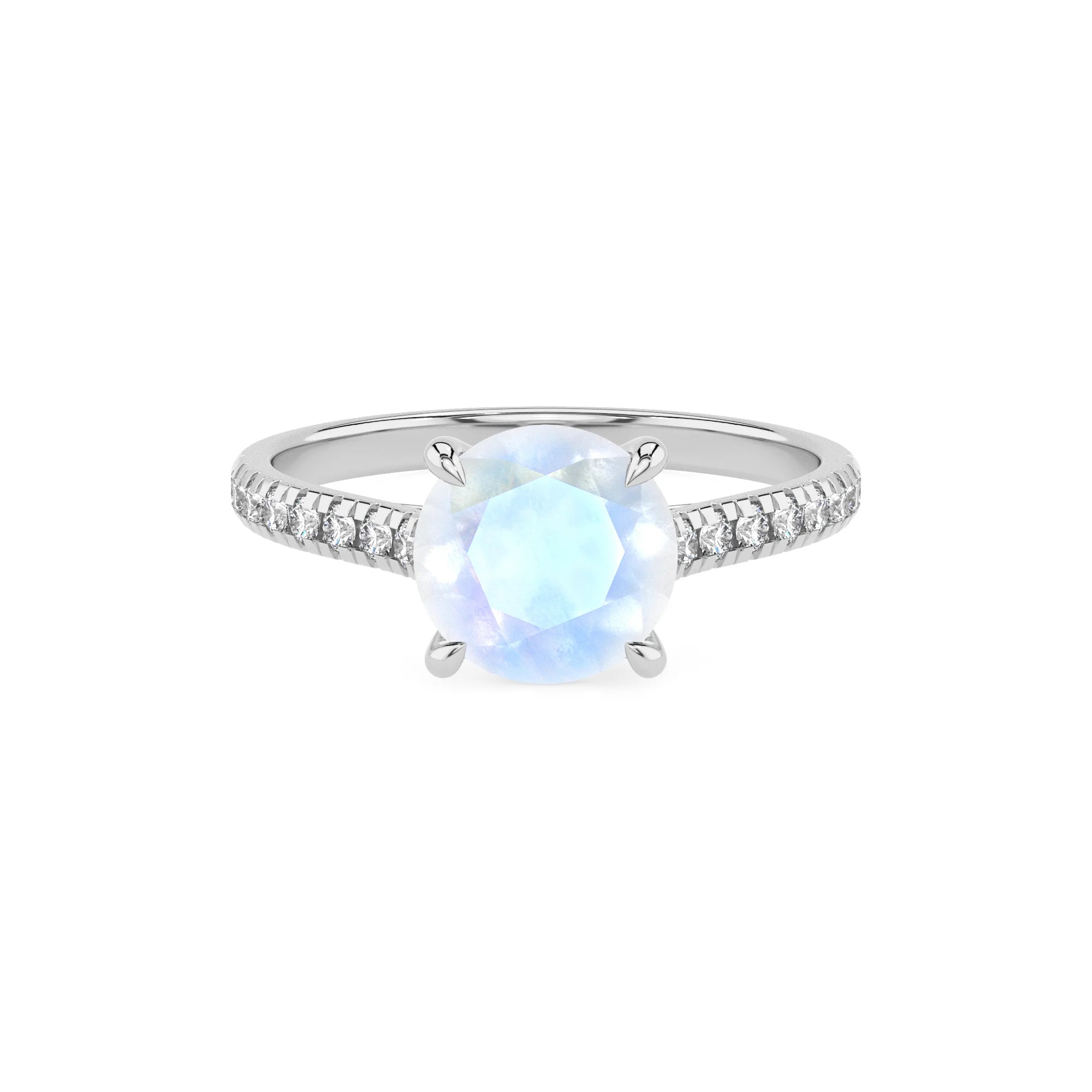 natural rainbow-moonstone round half eternity solitaire engagement rings in white gold 