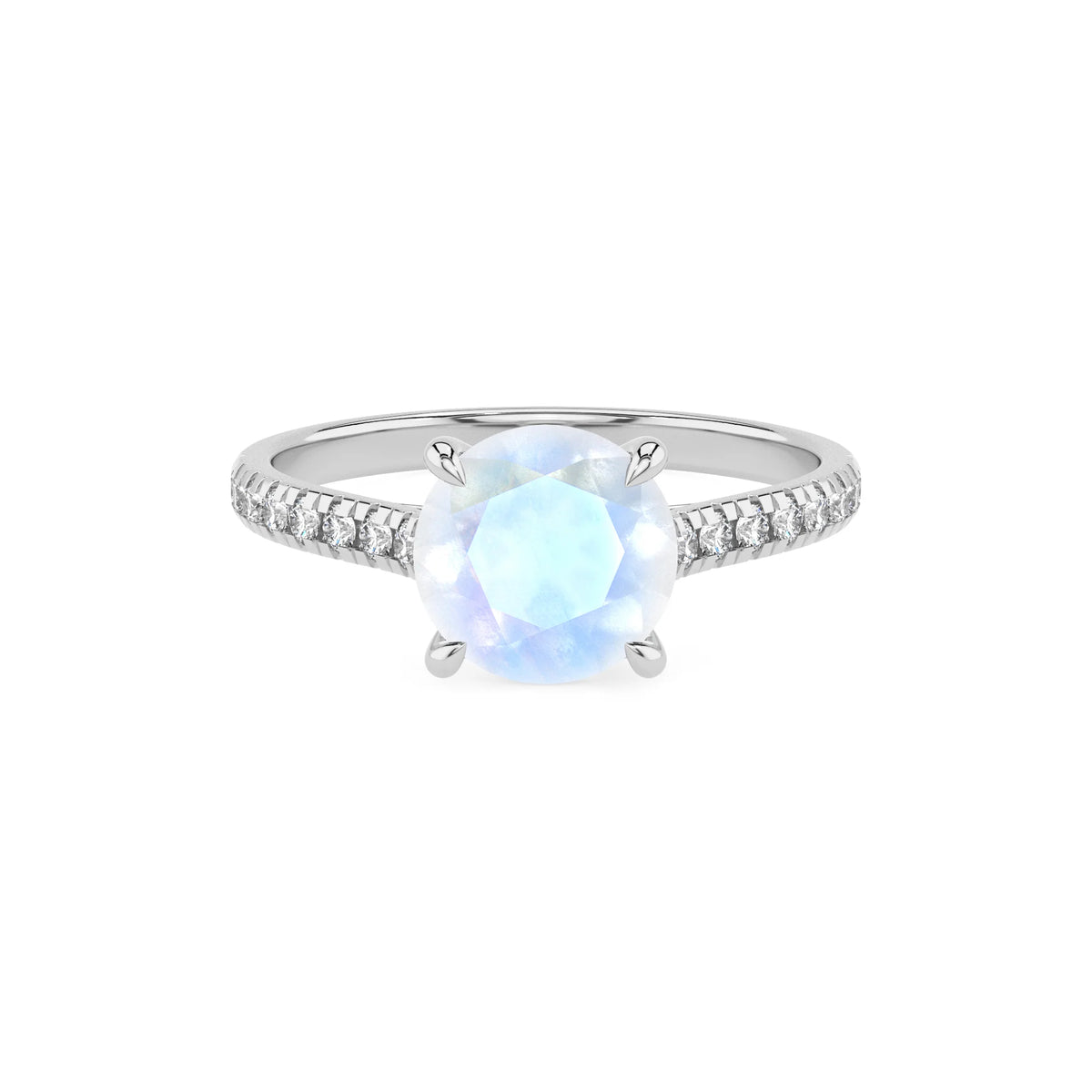 natural rainbow-moonstone round half eternity solitaire engagement rings in white gold 