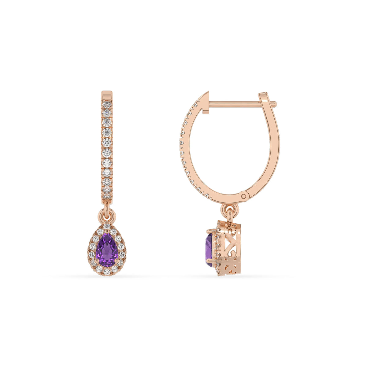 lab grown amethyst pear drop earrings in rose gold 