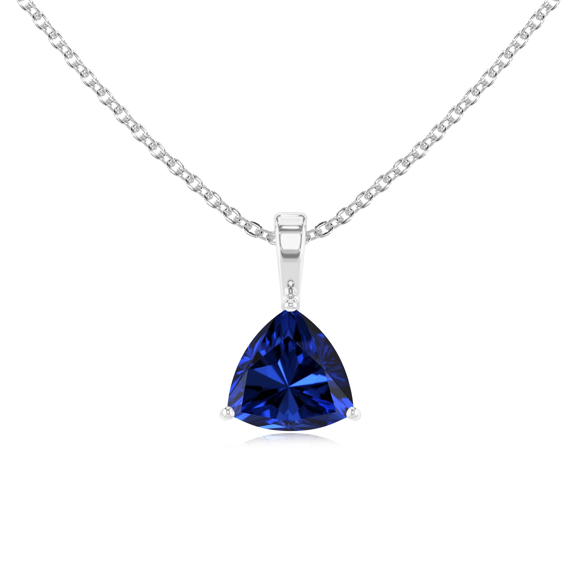 lab grown blue-sapphire trillion solitaire necklaces in platinum 