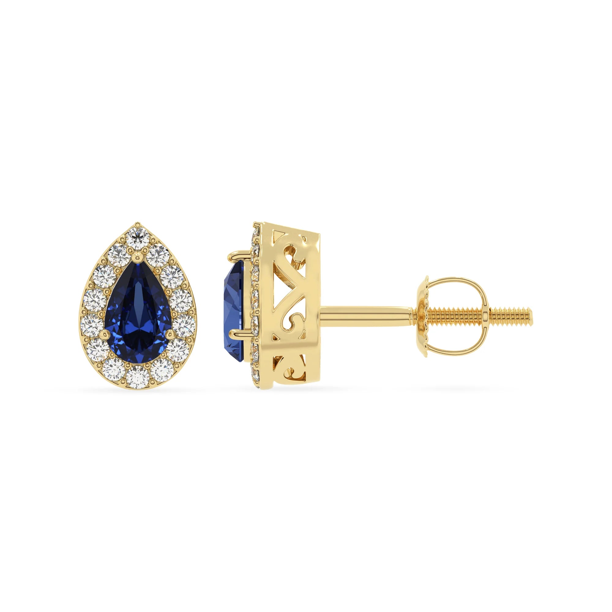 lab grown blue sapphire pear stud earrings in yellow gold 