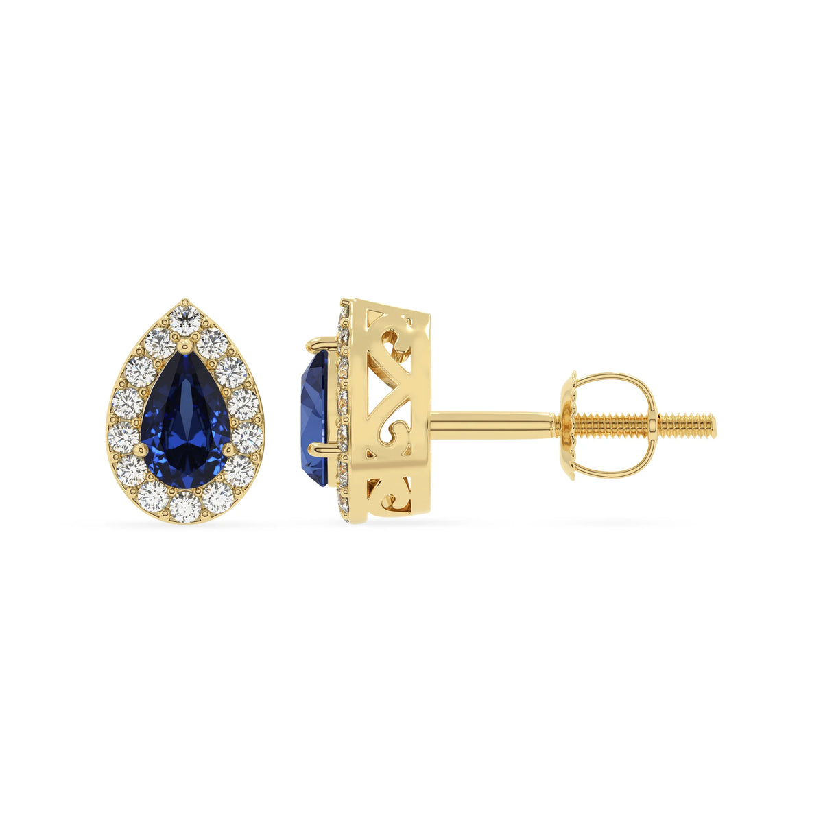 lab grown blue sapphire pear stud earrings in yellow gold 
