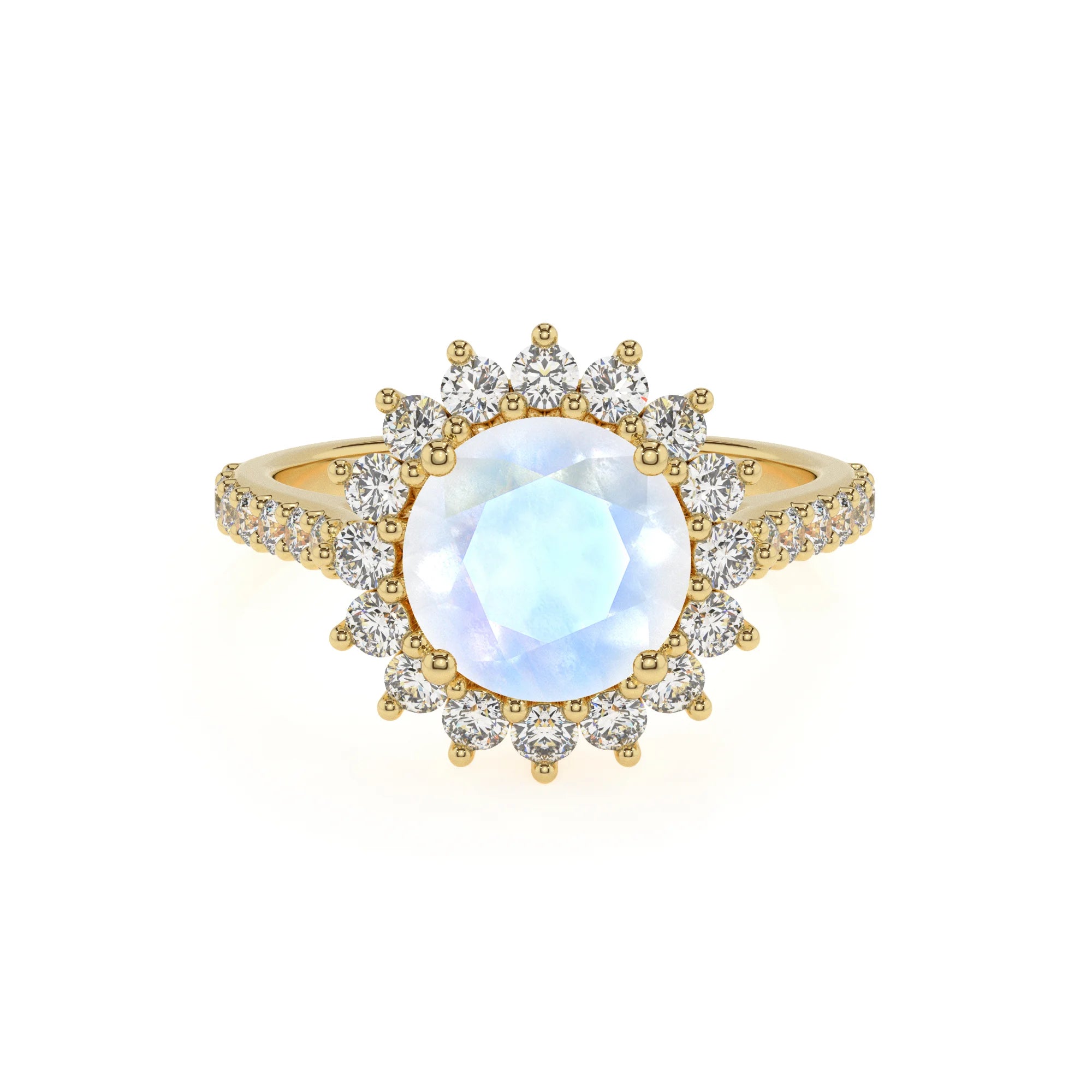 natural rainbow-moonstone round solitaire rings in yellow gold 