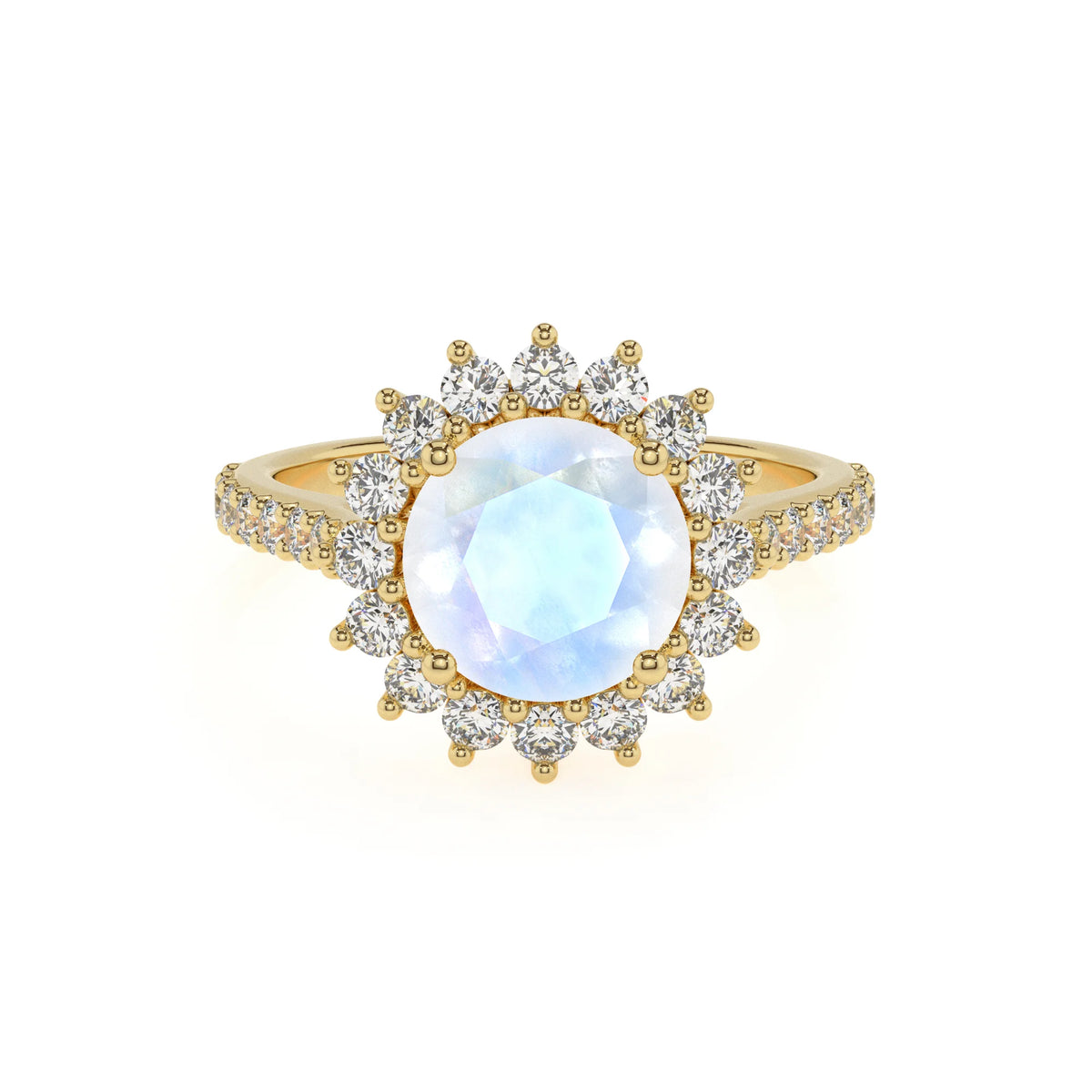 natural rainbow-moonstone round solitaire rings in yellow gold 