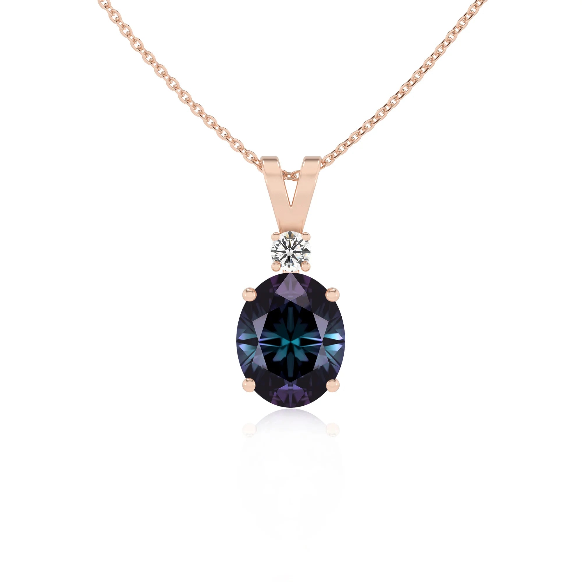 lab grown alexandrite oval solitaire v-bale necklaces in rose gold 