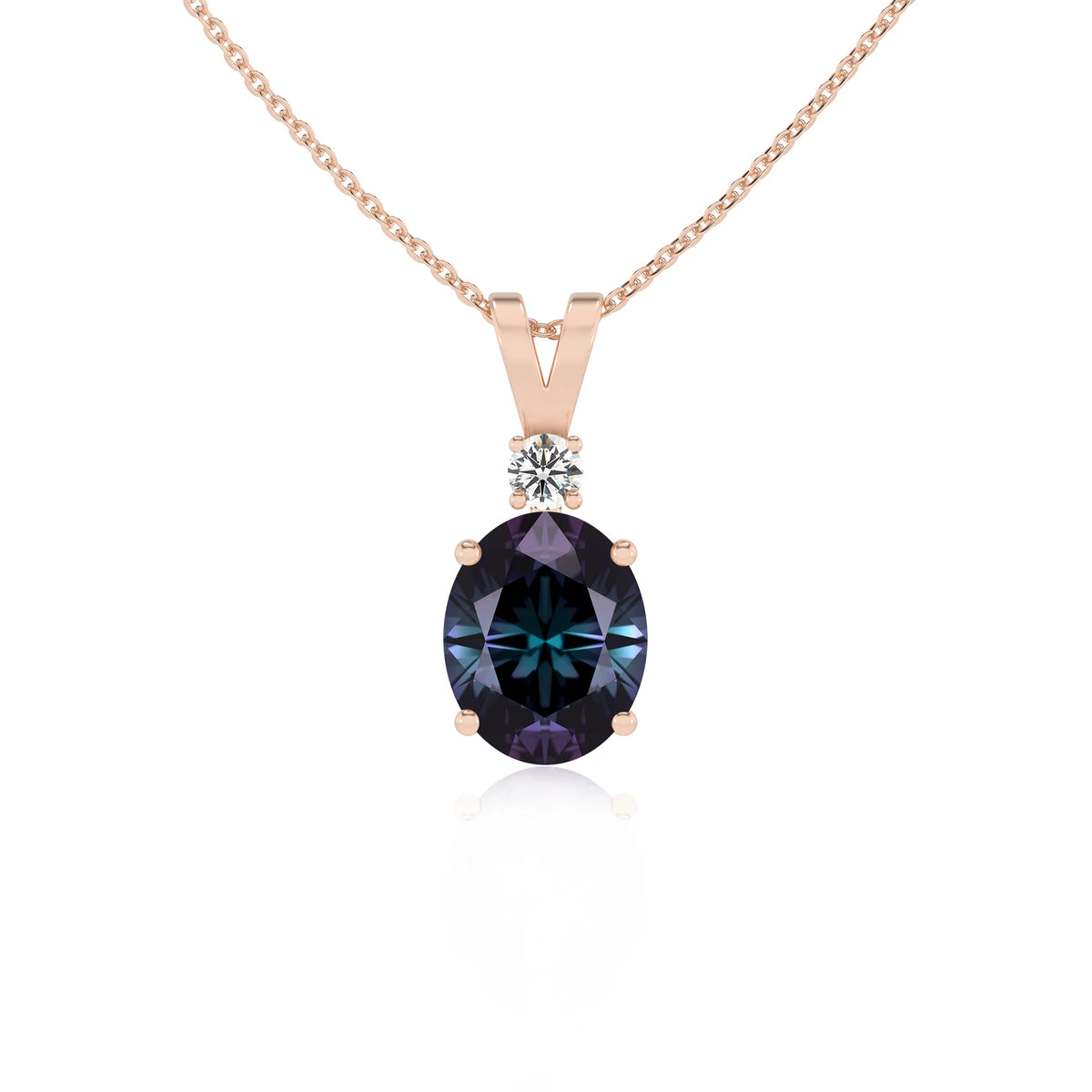 lab grown alexandrite oval solitaire v-bale necklaces in rose gold 