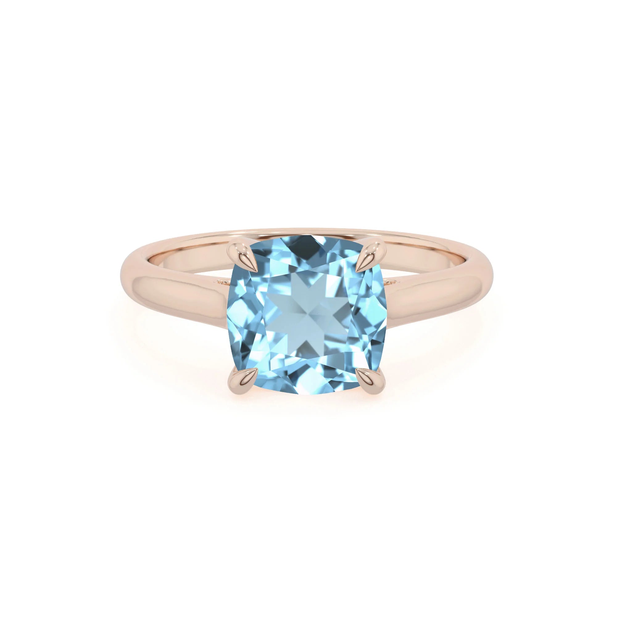 lab grown aquamarine cushion solitaire rings in rose gold 