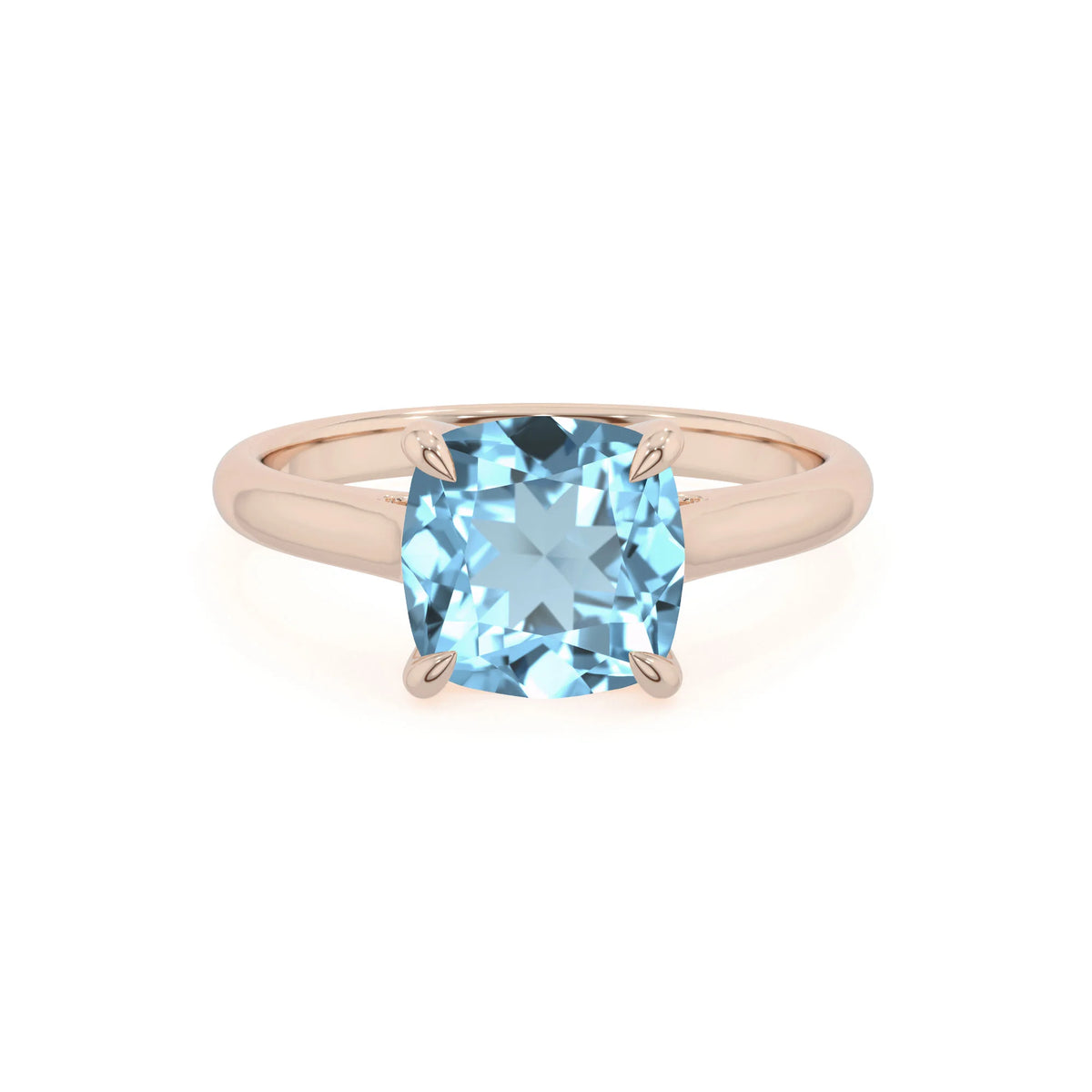 lab grown aquamarine cushion solitaire rings in rose gold 