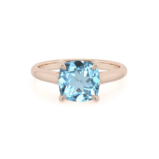 lab grown aquamarine cushion solitaire rings in rose gold 