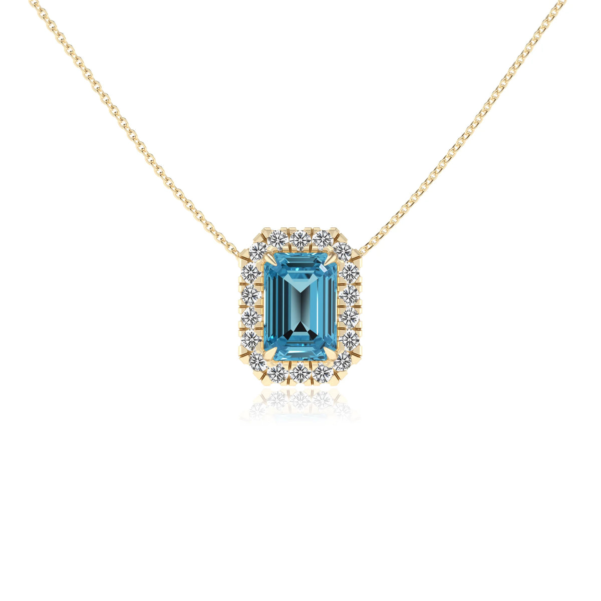 natural swiss blue topaz emerald cut solitaire necklaces in yellow gold 